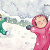 Two kids in bright snowsuits play in the snow with arms outstretched as two adults watch from a house nearby. Snow blankets the scene while a bird looks on. "Hello, Snow!" by Schiffer Publishing, Ltd. is the perfect winter sensory book.