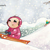 A child in a pink snowsuit sleds down a snowy hill with a smile in "Hello, Snow!" from Schiffer Publishing, Ltd. In the background, others pull sleds and walk nearby as snow falls—a delightful winter sensory book scene.
