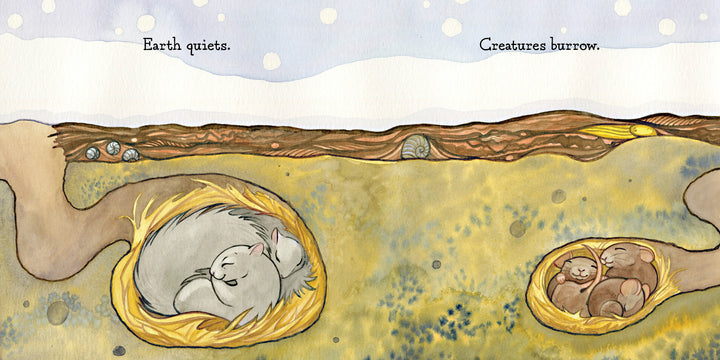 Two cozy animal burrows underground: a rabbit curled up and two otters cuddled, snow above. A perfect glimpse into hibernation from "Hello, Snow!" by Schiffer Publishing, Ltd. Text reads: Earth quiets. Creatures burrow.