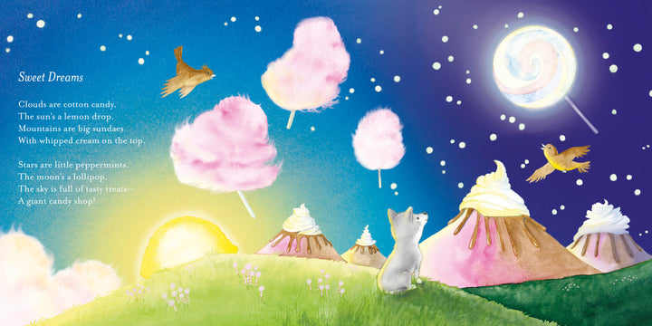 Sweet Dreams" by Schiffer Publishing, Ltd. features a dreamy landscape with cotton candy clouds, a lollipop moon, whipped-cream mountains, and animals gazing at the glowing sky—perfect for children’s night-time imagination.