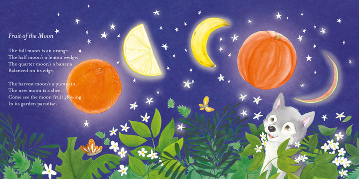 Sweet Dreams by Schiffer Publishing, Ltd.: A whimsical illustration of a night sky with moon phases shown as a full orange, half lemon wedge, quarter banana, and harvest pumpkin. Stars, plants, and a curious wolf make it perfect for children’s books or moon poetry.