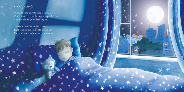 A child sleeps in a starry bed, cuddling a toy cat beside a window with a moonlit cityscape. The tranquil scene from "Sweet Dreams" by Schiffer Publishing, Ltd. feels ideal for children's books or bedtime poems.