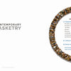 The contents page of Contemporary Basketry by Schiffer Publishing, Ltd. displays a partial circular basket of multicolored fibers, framing section titles and page numbers on a white background—an eye-catching start to this basketry book.