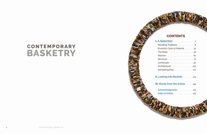 The contents page of Contemporary Basketry by Schiffer Publishing, Ltd. displays a partial circular basket of multicolored fibers, framing section titles and page numbers on a white background—an eye-catching start to this basketry book.