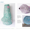 Contemporary Basketry by Schiffer Publishing, Ltd. features coiled, woven fiber art in pastel turquoise and lilac, displayed from multiple angles to showcase its textured surfaces, circular patterns, and distinctive accent shapes.