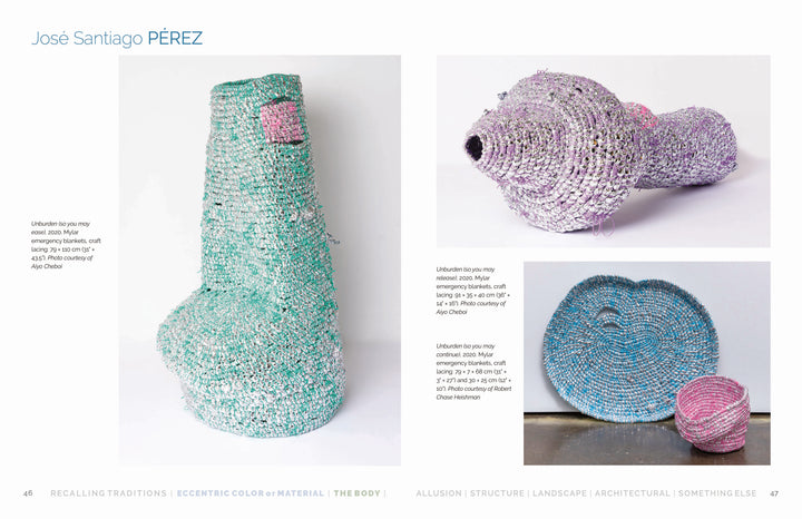 Contemporary Basketry by Schiffer Publishing, Ltd. features coiled, woven fiber art in pastel turquoise and lilac, displayed from multiple angles to showcase its textured surfaces, circular patterns, and distinctive accent shapes.