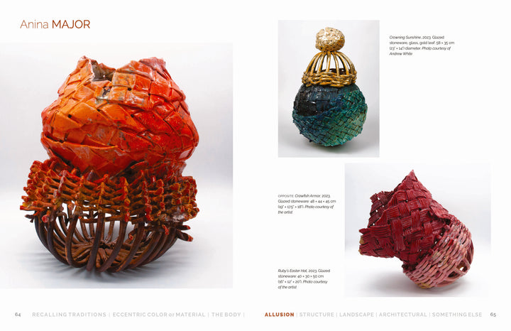 Contemporary Basketry by Schiffer Publishing, Ltd. features three woven sculptural baskets in bold colors—red in a wooden base, green with yellow, and red with gray—highlighting modern techniques against a white background.