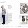 Two people face each other, each wearing a large sculptural headpiece. On the right, three photos show intricate, neutral-toned pieces from Contemporary Basketry by Schiffer Publishing, Ltd., highlighting modern fiber art and patterns.