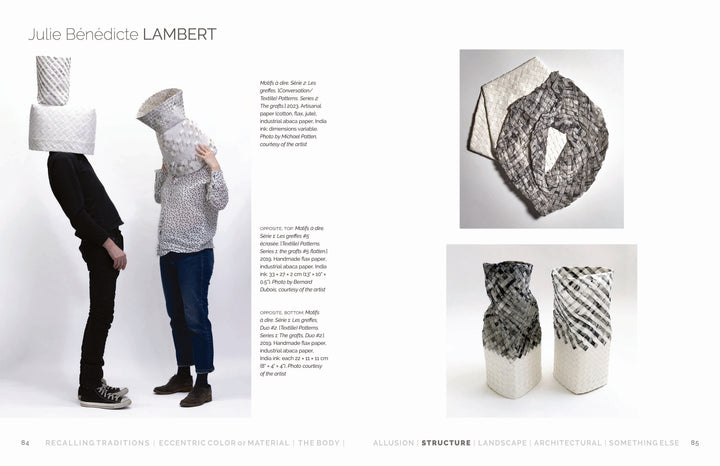 Two people face each other, each wearing a large sculptural headpiece. On the right, three photos show intricate, neutral-toned pieces from Contemporary Basketry by Schiffer Publishing, Ltd., highlighting modern fiber art and patterns.