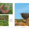 Left: Two views of a rust-colored, circular metal tunnel sculpture in grassy land. Right: "Contemporary Basketry" by Schiffer Publishing, Ltd.—a large, nest-like structure atop rocks evokes modern basketry and fiber art.