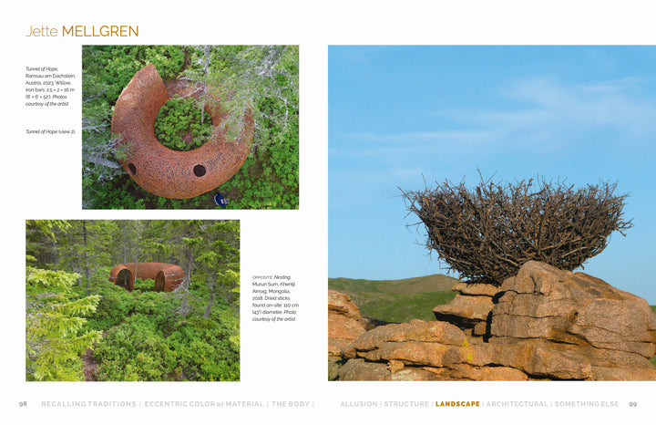 Left: Two views of a rust-colored, circular metal tunnel sculpture in grassy land. Right: "Contemporary Basketry" by Schiffer Publishing, Ltd.—a large, nest-like structure atop rocks evokes modern basketry and fiber art.