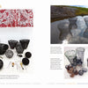 A collage from Schiffer Publishing, Ltd.'s "Contemporary Basketry" shows Gjertud Hals' wire and mesh sculptures: black mesh vessels and spheres on white on the left, and similar fiber art reflected in water outdoors on the right.