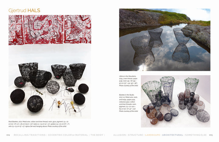 A collage from Schiffer Publishing, Ltd.'s "Contemporary Basketry" shows Gjertud Hals' wire and mesh sculptures: black mesh vessels and spheres on white on the left, and similar fiber art reflected in water outdoors on the right.