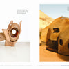 On the left, Schiffer Publishing, Ltd.’s "Contemporary Basketry" book is shown on a white surface; on the right, an organic dome-shaped building with round windows stands in a desert landscape under a clear sky.