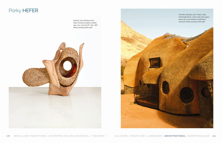 On the left, Schiffer Publishing, Ltd.’s "Contemporary Basketry" book is shown on a white surface; on the right, an organic dome-shaped building with round windows stands in a desert landscape under a clear sky.