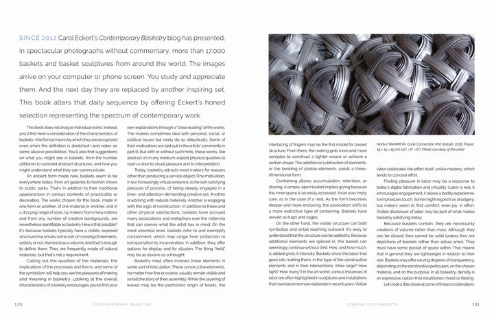 Close-up of finely woven silver and gray basket strips on the left; text in two columns on the right discusses Contemporary Basketry by Schiffer Publishing, Ltd. and Carol Eckert’s influence in modern fiber art.