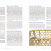 An open book from Schiffer Publishing, Ltd.’s Contemporary Basketry features blocks of text on sacrality and service types, plus a striking woven golden vessel photo on the bottom right. The white background has blue headings.