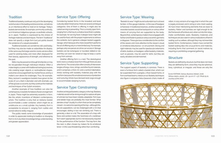 An open book from Schiffer Publishing, Ltd.’s Contemporary Basketry features blocks of text on sacrality and service types, plus a striking woven golden vessel photo on the bottom right. The white background has blue headings.
