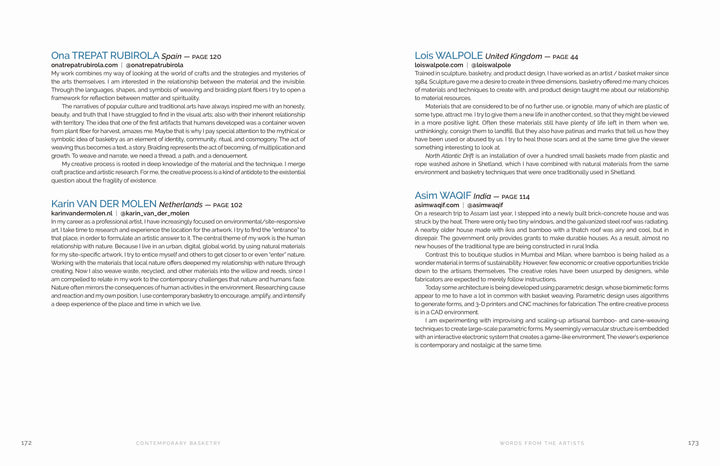 A two-page spread from "Contemporary Basketry" by Schiffer Publishing, Ltd. features four artists' blue-highlighted names, countries, and pages with paragraphs on their modern basketry styles and materials, all on a clean white background.