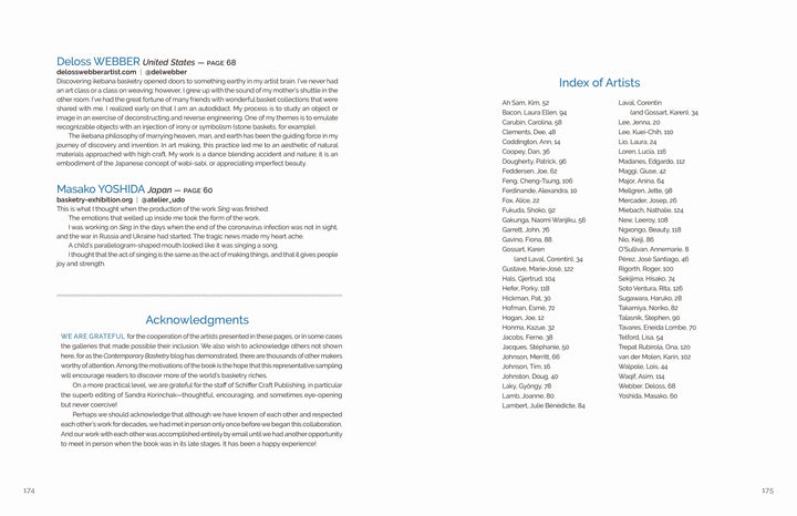 In *Contemporary Basketry* by Schiffer Publishing, Ltd., a book spread elegantly features bios for Deloss Webber and Masako Yoshida, acknowledgments, and an indexed artist list—all in blue and black on white pages.