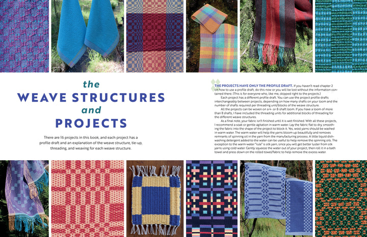 A collage of vibrant woven textiles highlights varied patterns. On the left, bold text reads “Profile Drafting for Handweavers” by Schiffer Publishing, Ltd., featuring handweaving projects and guides for creating your own profile drafts.