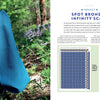 A blue knit infinity scarf hangs on a tree amid greenery and purple flowers, beside "Profile Drafting for Handweavers" from Schiffer Publishing, Ltd., along with weave structures, instructions, drafts, and a materials list.