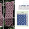 Two handwoven table runners with a red and white geometric overshot pattern hang on a railing, alongside weaving instructions, profile drafts, and project details from "Profile Drafting for Handweavers" by Schiffer Publishing, Ltd.