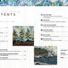 The table of contents for "Landscape Rug Hooking" by Schiffer Publishing, Ltd. features colorful fiber art details with nature themes as a background, listing chapters on technique, inspiration, and step-by-step projects.