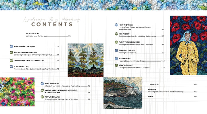 The table of contents for "Landscape Rug Hooking" by Schiffer Publishing, Ltd. features colorful fiber art details with nature themes as a background, listing chapters on technique, inspiration, and step-by-step projects.