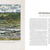 Landscape Rug Hooking" by Schiffer Publishing, Ltd. features an impressionist-style hooked landscape depicting a cloudy sky, meadows, rocks, and trees, alongside a two-page introduction titled "INTRODUCTION: Loving the Land You Live Upon.