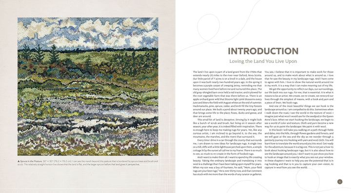 Landscape Rug Hooking" by Schiffer Publishing, Ltd. features an impressionist-style hooked landscape depicting a cloudy sky, meadows, rocks, and trees, alongside a two-page introduction titled "INTRODUCTION: Loving the Land You Live Upon.