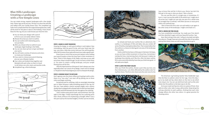 Schiffer Publishing, Ltd.’s "Landscape Rug Hooking" is an instructional guide with text, line drawings, and close-up photos that teaches how to create textile landscapes using layered fabrics and stitching. Perfect for exploring fiber art techniques.