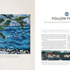 A vibrant hooked rug of green tree branches over blue water appears on the left, while an article titled “FOLLOW THE LINE: The Importance of the Outline in Landscape Rug Hooking” by Schiffer Publishing, Ltd. is featured on the right.
