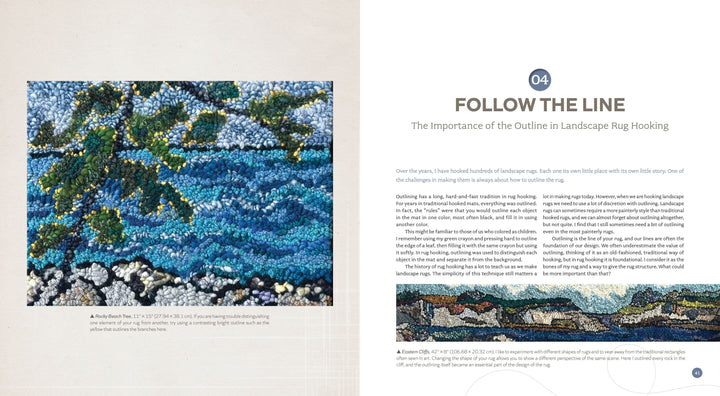 A vibrant hooked rug of green tree branches over blue water appears on the left, while an article titled “FOLLOW THE LINE: The Importance of the Outline in Landscape Rug Hooking” by Schiffer Publishing, Ltd. is featured on the right.