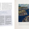 A two-page magazine spread highlights text on Landscape Rug Hooking by Schiffer Publishing, Ltd., featuring a vibrant embroidered scene of rocky cliffs, blue water, and grassy patches beneath a bright sky.