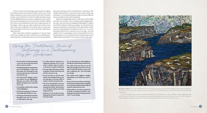 A two-page magazine spread highlights text on Landscape Rug Hooking by Schiffer Publishing, Ltd., featuring a vibrant embroidered scene of rocky cliffs, blue water, and grassy patches beneath a bright sky.