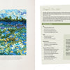 Landscape Rug Hooking by Schiffer Publishing, Ltd.: a vibrant fiber art rug with blue, green, and purple textures resembling a landscape. Instructional text and a "Forget Me Not" sketch appear on the right against a light background.