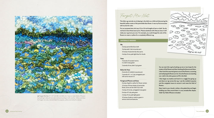 Landscape Rug Hooking by Schiffer Publishing, Ltd.: a vibrant fiber art rug with blue, green, and purple textures resembling a landscape. Instructional text and a "Forget Me Not" sketch appear on the right against a light background.