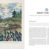 On the left is a textile artwork of a hilly landscape; on the right, the "Meet the Trees" chapter from Landscape Rug Hooking by Schiffer Publishing, Ltd. discusses landscape hooking in contemporary rug hooking.