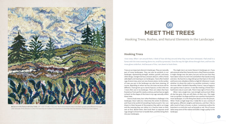 On the left is a textile artwork of a hilly landscape; on the right, the "Meet the Trees" chapter from Landscape Rug Hooking by Schiffer Publishing, Ltd. discusses landscape hooking in contemporary rug hooking.