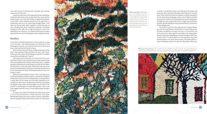 A magazine spread showcases "Landscape Rug Hooking" by Schiffer Publishing, Ltd., with close-up images of vivid tapestry art—trees and houses—and text exploring contemporary rug hooking techniques and artistry.