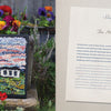 The Landscape Rug Hooking by Schiffer Publishing, Ltd. features a contemporary fiber art rug of a white house on grass beneath a vivid sky, displayed beside "The Marsh" page and surrounded by vibrant potted flowers.