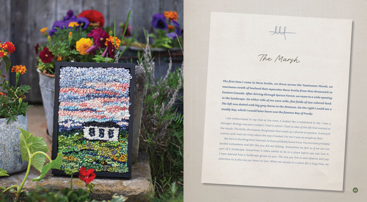 The Landscape Rug Hooking by Schiffer Publishing, Ltd. features a contemporary fiber art rug of a white house on grass beneath a vivid sky, displayed beside "The Marsh" page and surrounded by vibrant potted flowers.