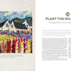 The "Landscape Rug Hooking" art piece by Schiffer Publishing, Ltd. features white mountains, a blue sky, green fields, and wildflowers in red, yellow, pink, and white beside text for the chapter "Plant the Wildflowers.