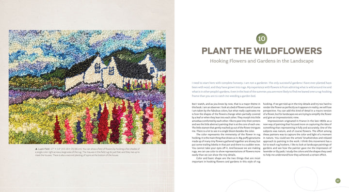 The "Landscape Rug Hooking" art piece by Schiffer Publishing, Ltd. features white mountains, a blue sky, green fields, and wildflowers in red, yellow, pink, and white beside text for the chapter "Plant the Wildflowers.
