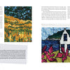 A magazine spread features vibrant hooked rug art from Schiffer Publishing, Ltd.'s Landscape Rug Hooking—one scene has yellow flowers in a field, the other shows a white house by blue water with pink blooms. Text highlights these contemporary rug examples.