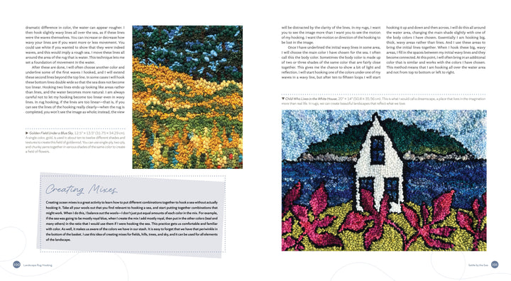 A magazine spread features vibrant hooked rug art from Schiffer Publishing, Ltd.'s Landscape Rug Hooking—one scene has yellow flowers in a field, the other shows a white house by blue water with pink blooms. Text highlights these contemporary rug examples.