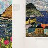 Landscape Rug Hooking by Schiffer Publishing, Ltd. features two fiber art designs: a flower garden on seaside cliffs, and vivid houses beside a wavy blue waterfront with green mountains—stunning examples of contemporary rug hooking.