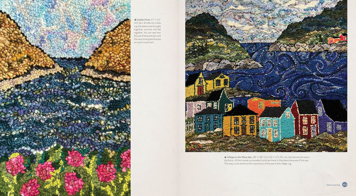 Landscape Rug Hooking by Schiffer Publishing, Ltd. features two fiber art designs: a flower garden on seaside cliffs, and vivid houses beside a wavy blue waterfront with green mountains—stunning examples of contemporary rug hooking.