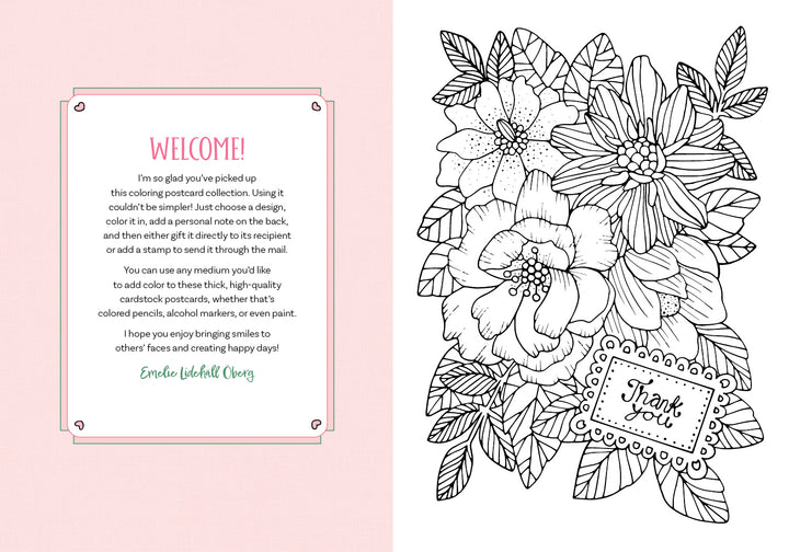 The Happy Day Coloring Postcards by Schiffer Publishing, Ltd. includes pink welcome notes and black-and-white floral illustrations with "Thank you" tags, perfect for coloring and sharing, inspired by Emelie Lidehäll Öberg.